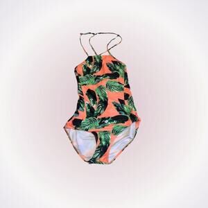 High neck coral and green palm leaf one piece bathing suit | Sz M (NO SIZE TAG)